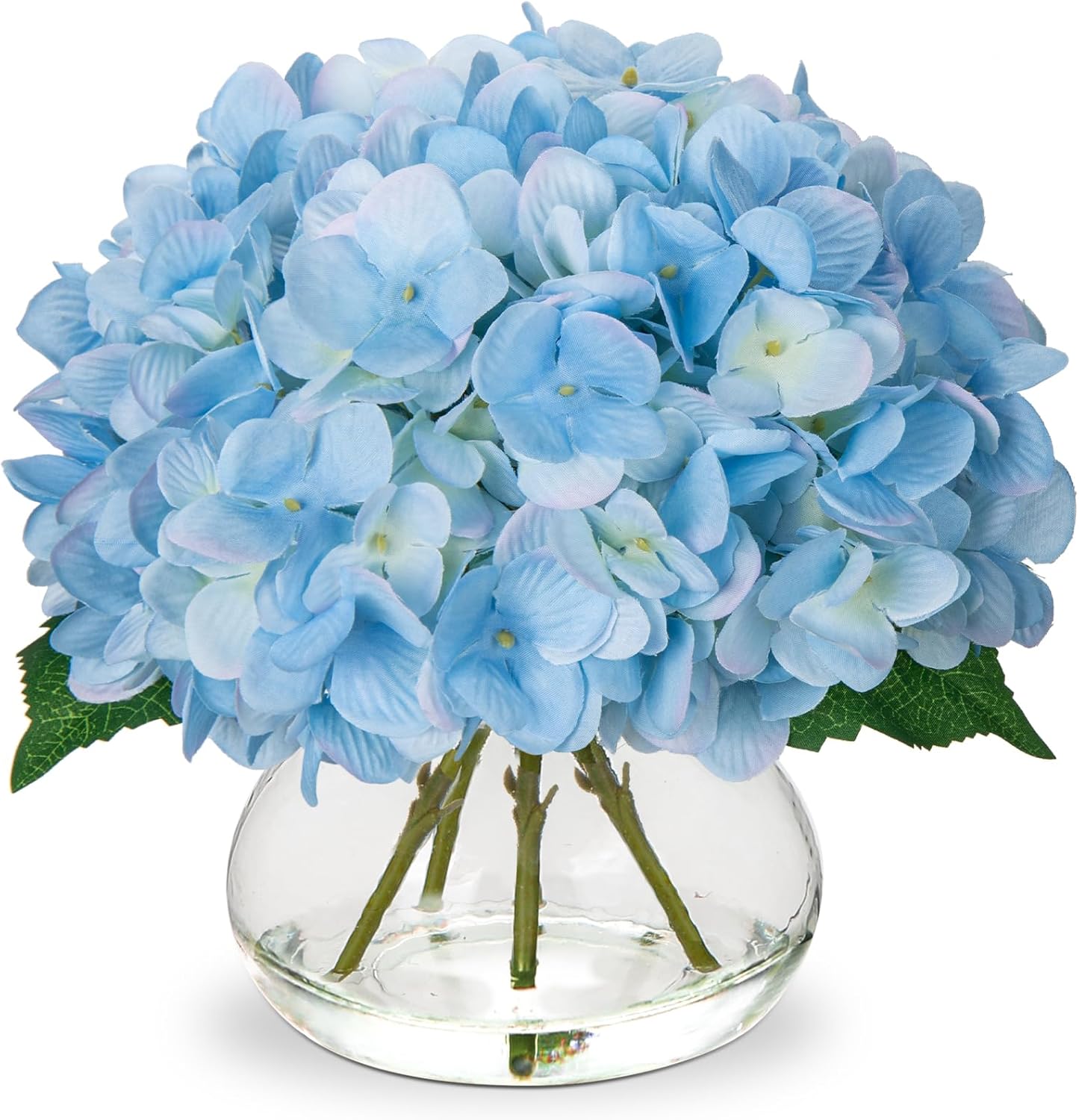 Hollyone Hydrangea Artificial Flowers with Vase White Silk Fake Flowers Arrangements in Glass Vase with Faux Water for Home Bathroom Office Table Centerpiece Shelf Decorations