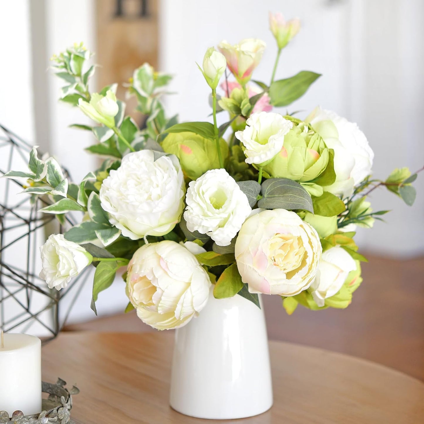 FiveSeasonStuff Mixed Cream Beige and Moss Green Vintage Artificial Silk Flower Peonies 2 Bouquets Floral