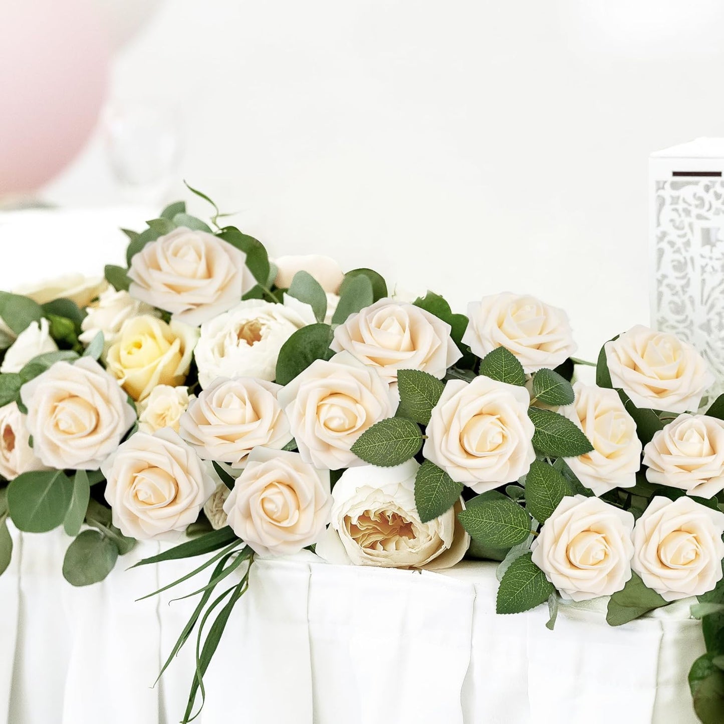 Mocoosy 50Pcs Rose Artificial Flowers, Cream White Fake Roses for Decorations, Real Touch Beige Foam Rose Bulk with Stems DIY Wedding Bouquets Floral Arrangements Bridal Shower Party Home Table Decor