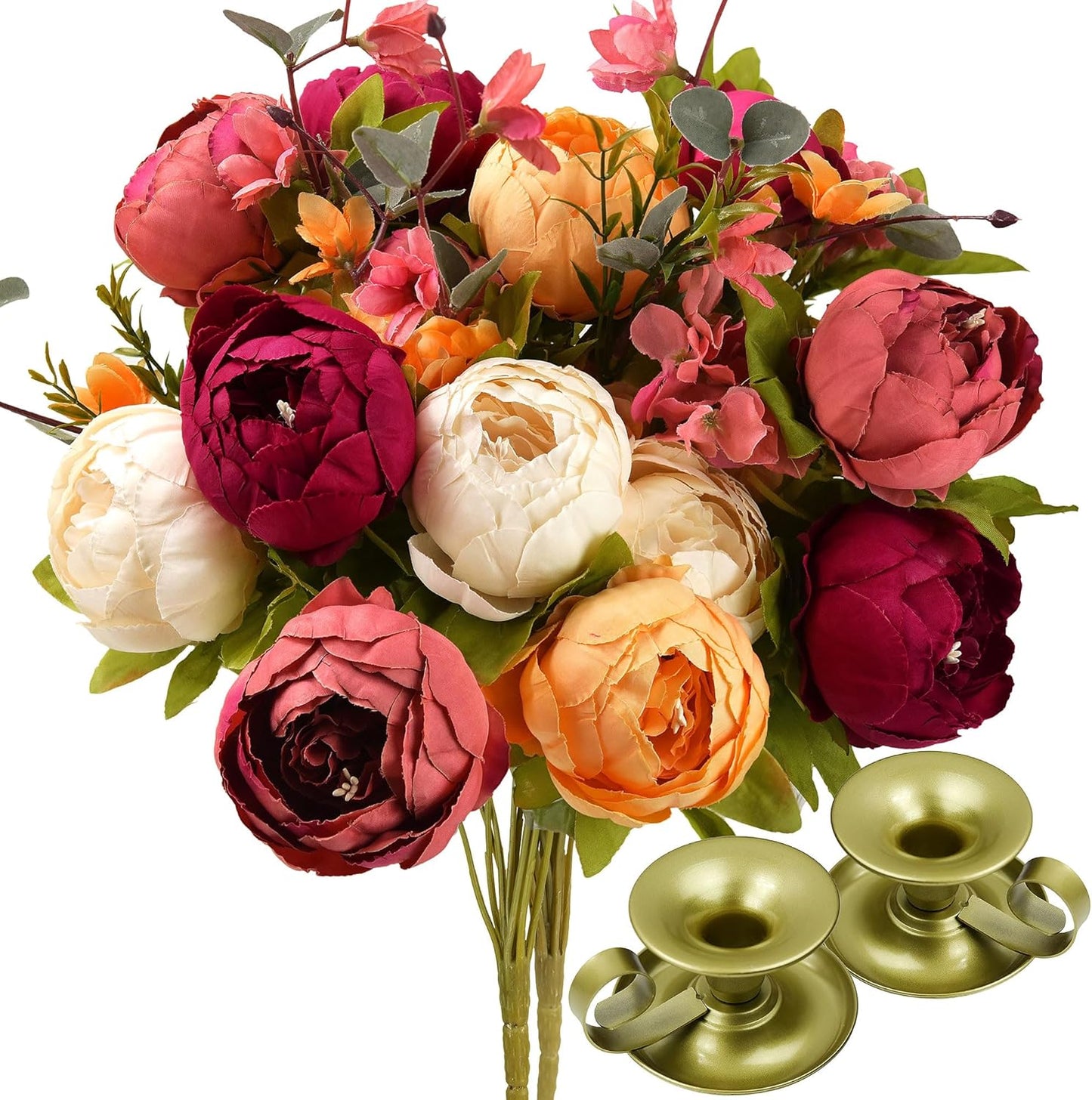 FiveSeasonStuff Mixed Cream Beige and Moss Green Vintage Artificial Silk Flower Peonies 2 Bouquets Floral
