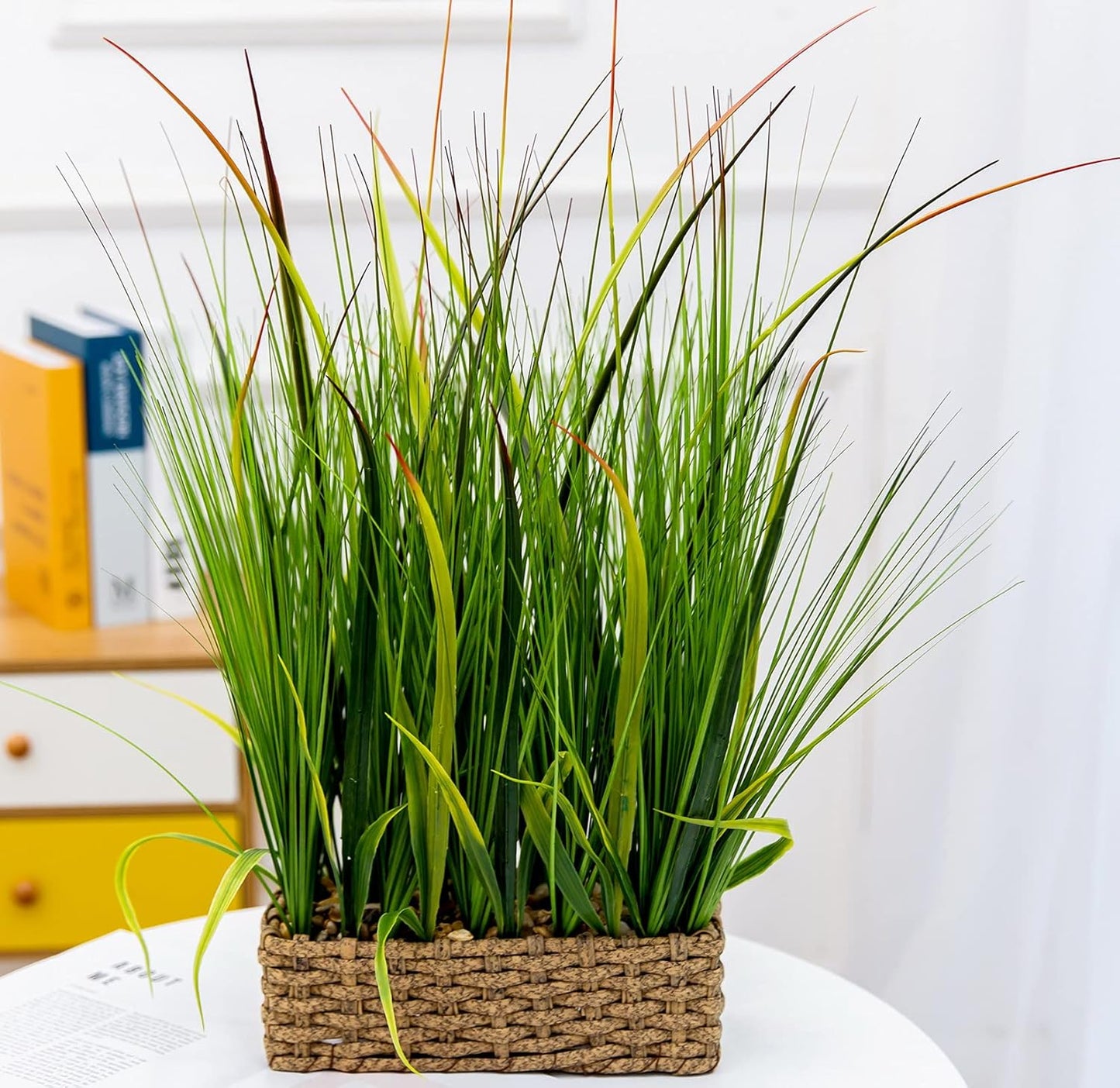 AlphaAcc 20 inch Evergreen Sea Grass Plant in Leather Woven Planter Realistic Looking Fake Plants Wheat Grass Farmhouse Faux Plant for Home Kitchen Bathroom Bedroom Decor