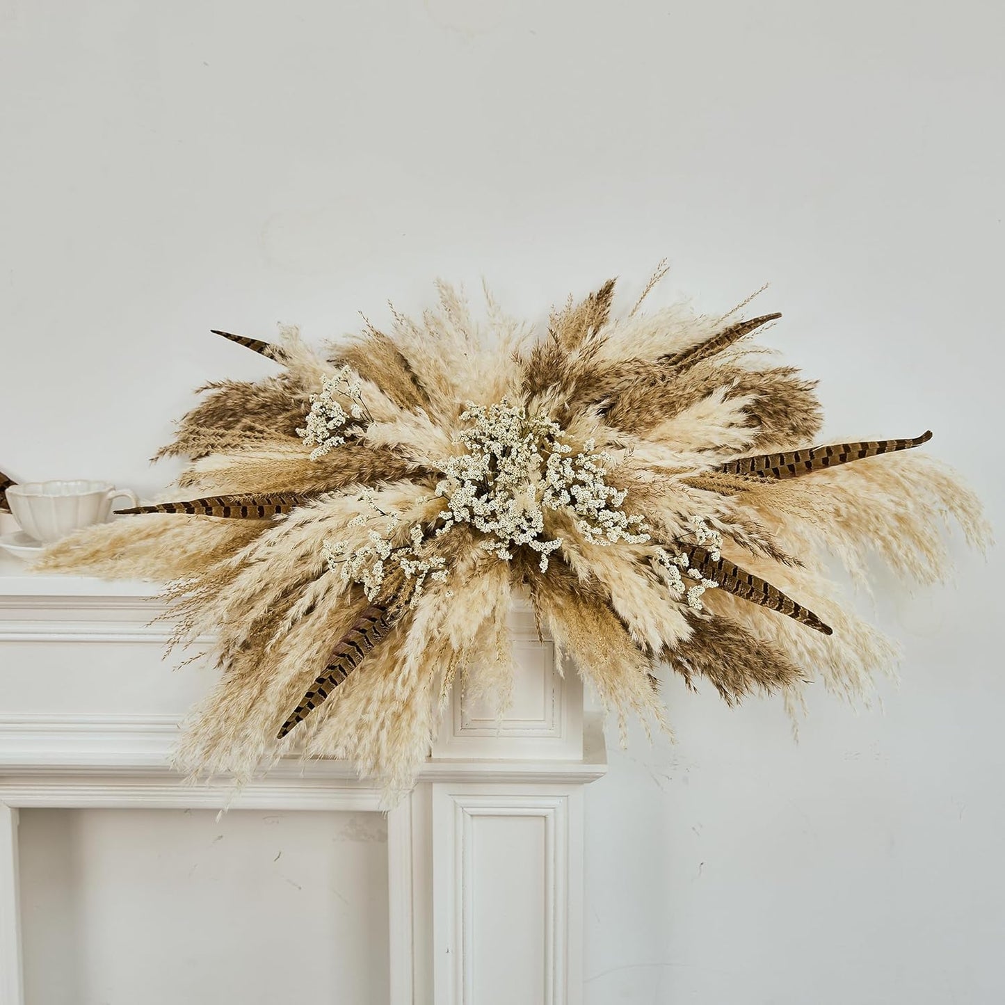 Natural Dried Flower Wall Hanging, Pampas Grass Decor,35-Inch Boho Pampas Grass, Pink Bunny Tails, Palm Leaves, Wedding Arch Decor