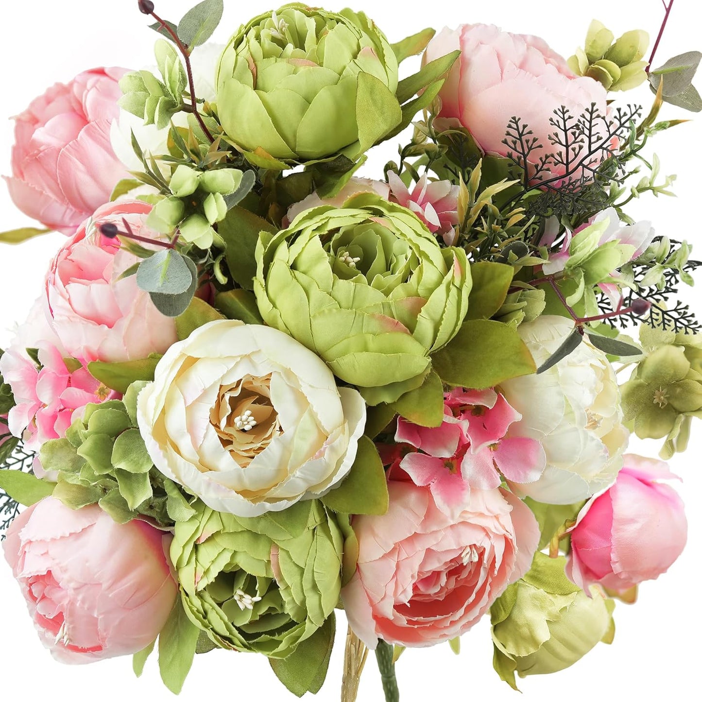 FiveSeasonStuff Mixed Cream Beige and Moss Green Vintage Artificial Silk Flower Peonies 2 Bouquets Floral
