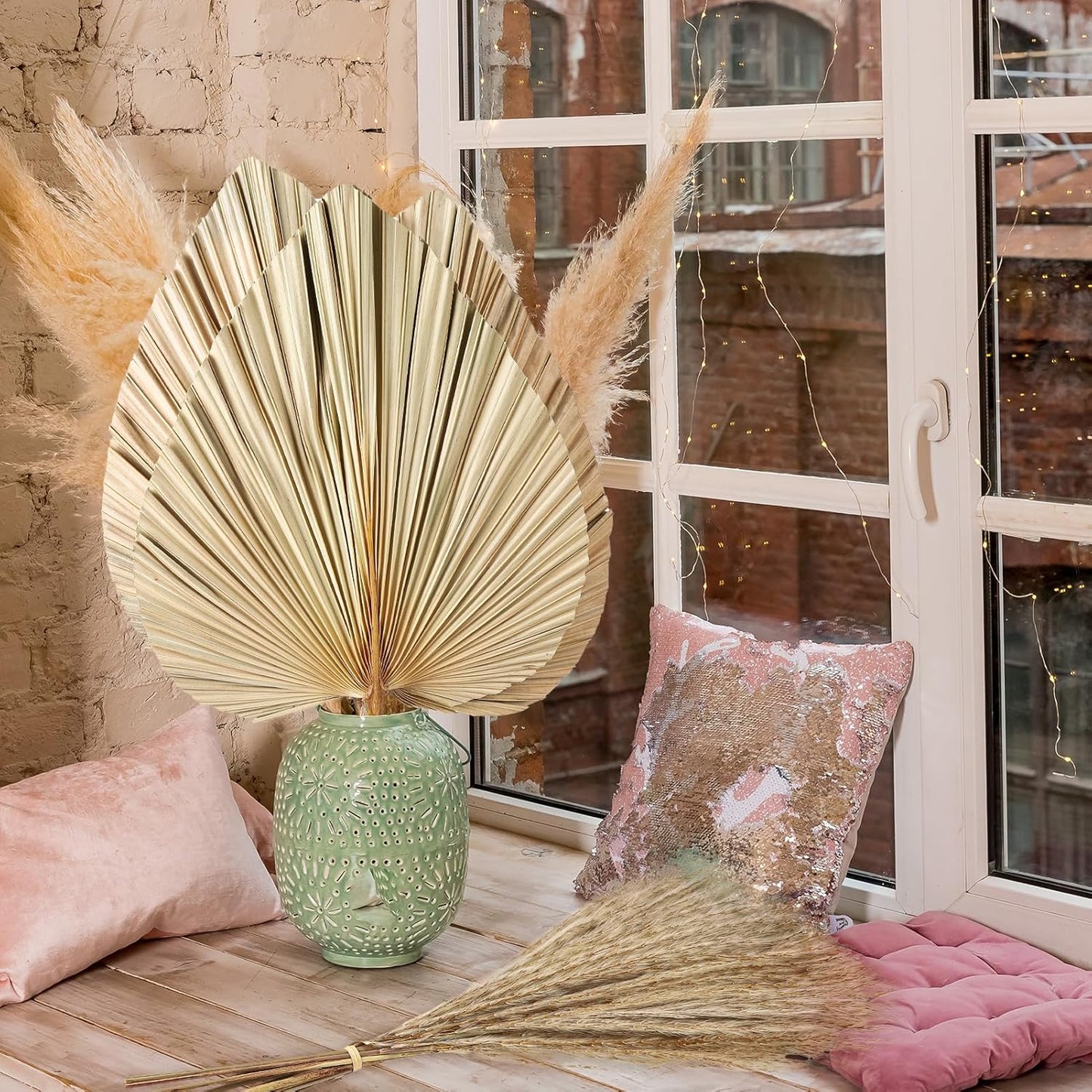 105 Pcs Boho Dried Pampas Grass Decor Bulk, Large Dried Palm Spears Bunny Tails Pampas Reed Grass Dried Palm Leaves Dried Flower Bouquet Boho Centerpieces for Wedding Home Tables Decor