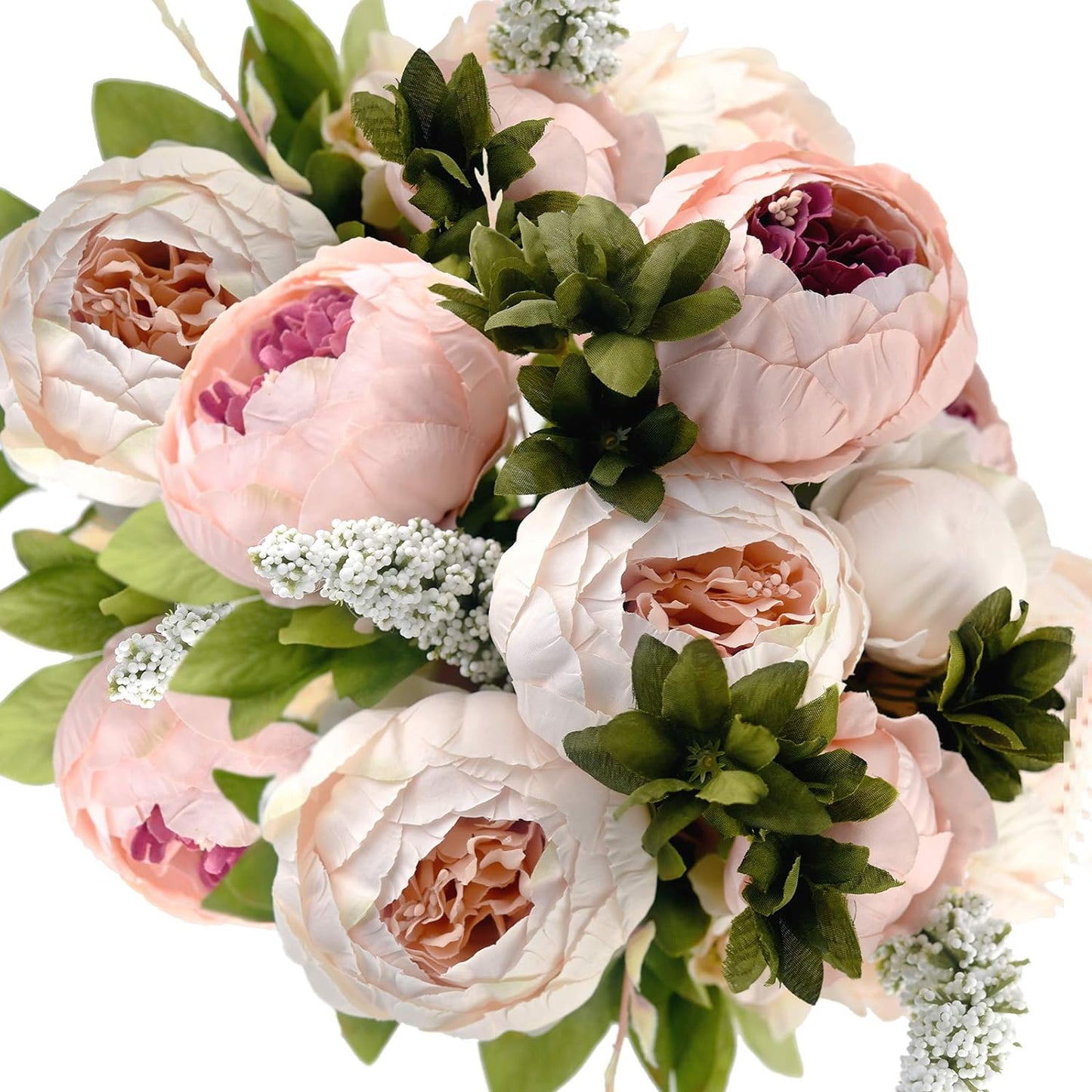 FiveSeasonStuff Mixed Cream Beige and Moss Green Vintage Artificial Silk Flower Peonies 2 Bouquets Floral