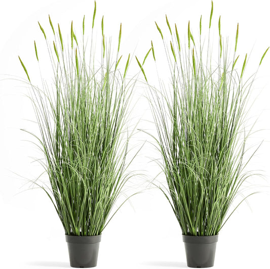Faux 4ft 2-Pack Horsetail Reed Grass with Green Spikes, 48in Tall Indoor Outdoor Fake Grass in Pot, Home Office Decorative Artificial Plant & Greenery, Wedding Decor Bristlegrass
