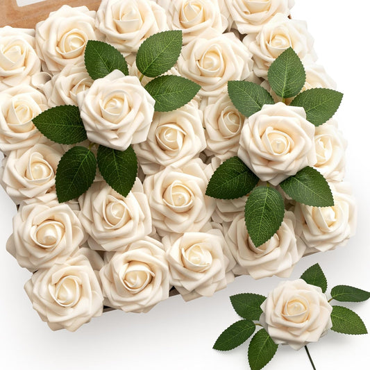 Mocoosy 50Pcs Rose Artificial Flowers, Cream White Fake Roses for Decorations, Real Touch Beige Foam Rose Bulk with Stems DIY Wedding Bouquets Floral Arrangements Bridal Shower Party Home Table Decor
