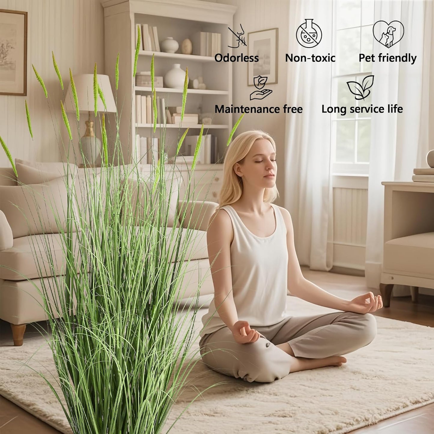 Faux 4ft 2-Pack Horsetail Reed Grass with Green Spikes, 48in Tall Indoor Outdoor Fake Grass in Pot, Home Office Decorative Artificial Plant & Greenery, Wedding Decor Bristlegrass