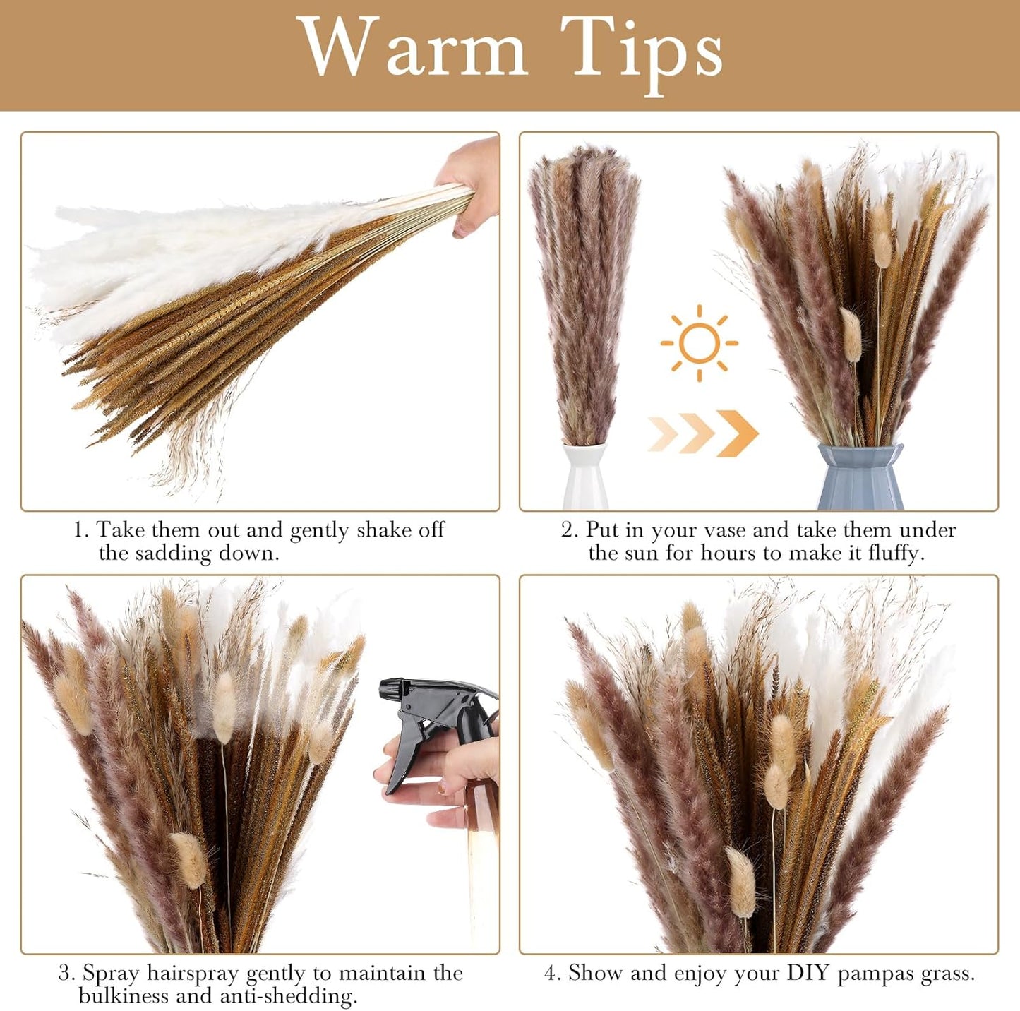 500 Pcs Dried Pampas Grass Decor, 17 Inch Dried Flower Plants bulk white and brown Pampas Grass Reed Bunny Tails Bouquet for Wedding Boho Table Decor Rustic Farmhouse Party decoration
