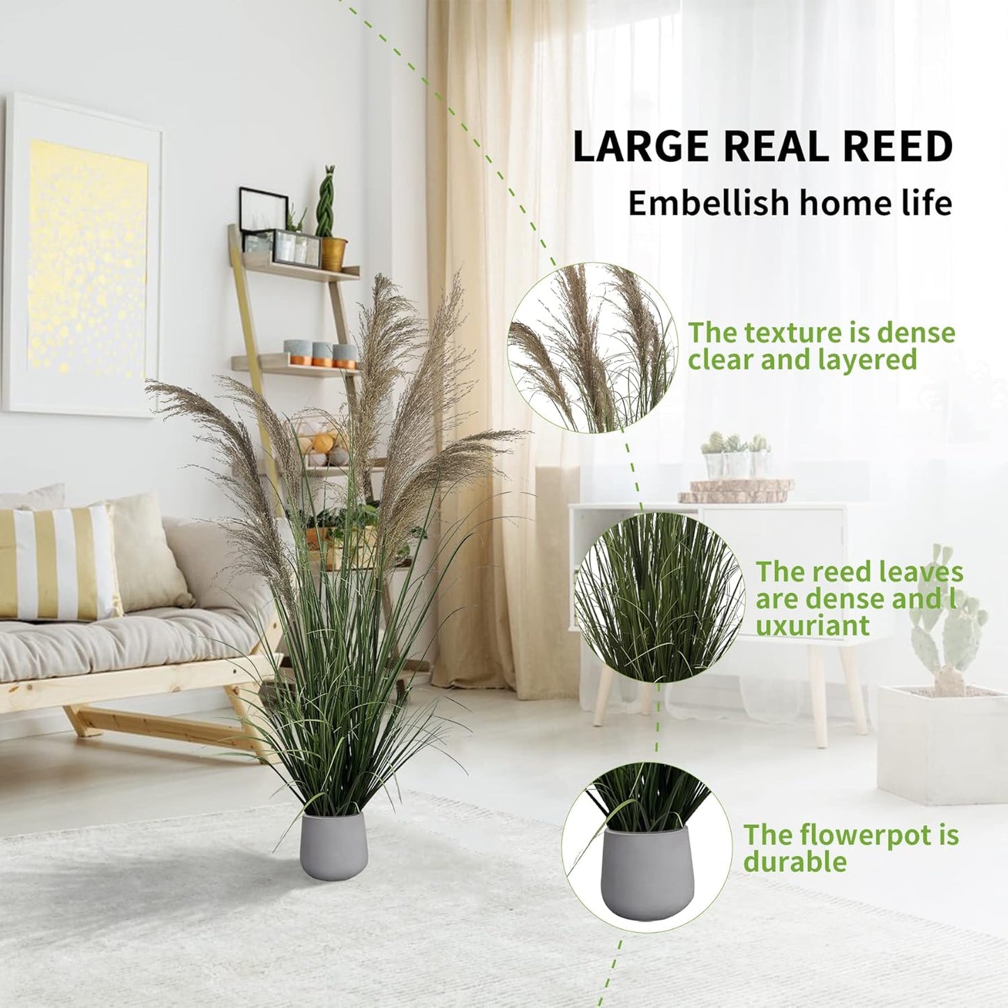 57-inch Artificial Tall Grass Indoor Floor Decor with 7 Reed Flowers & Denser Foliage (1-Pack)