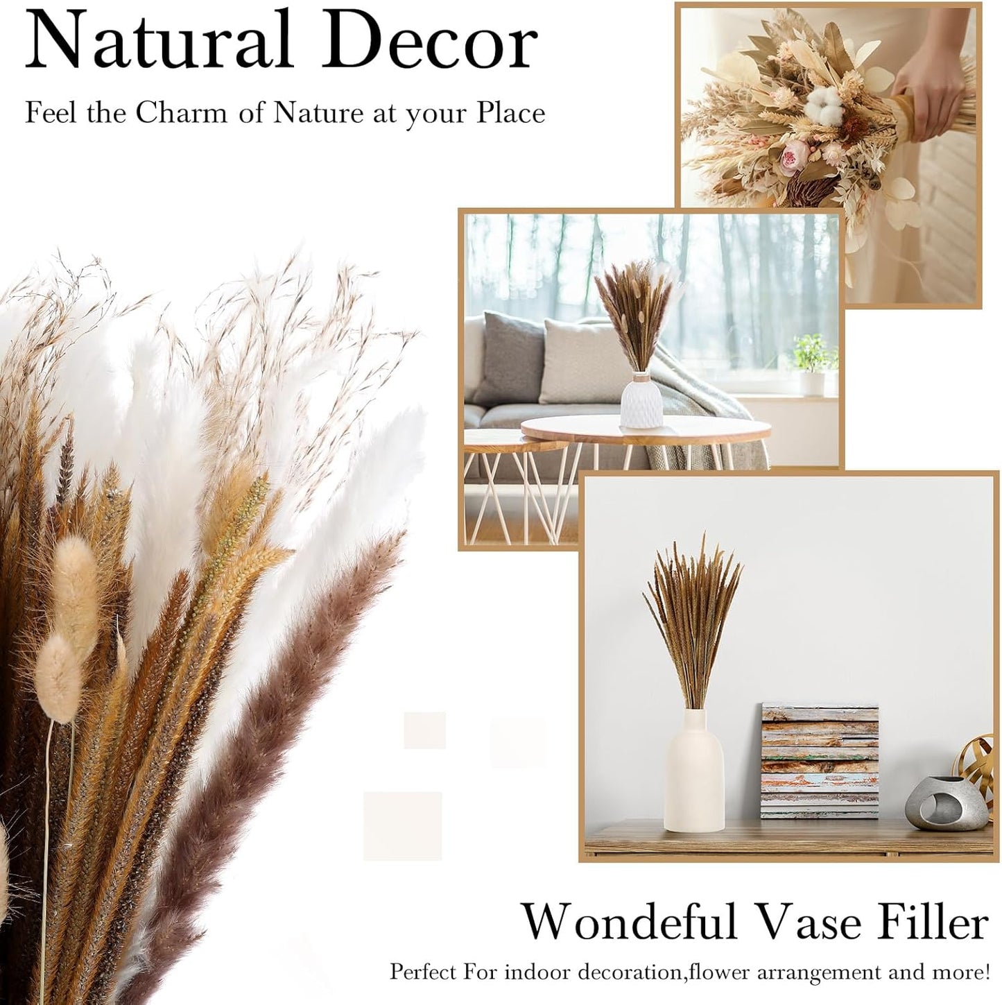 500 Pcs Dried Pampas Grass Decor, 17 Inch Dried Flower Plants bulk white and brown Pampas Grass Reed Bunny Tails Bouquet for Wedding Boho Table Decor Rustic Farmhouse Party decoration