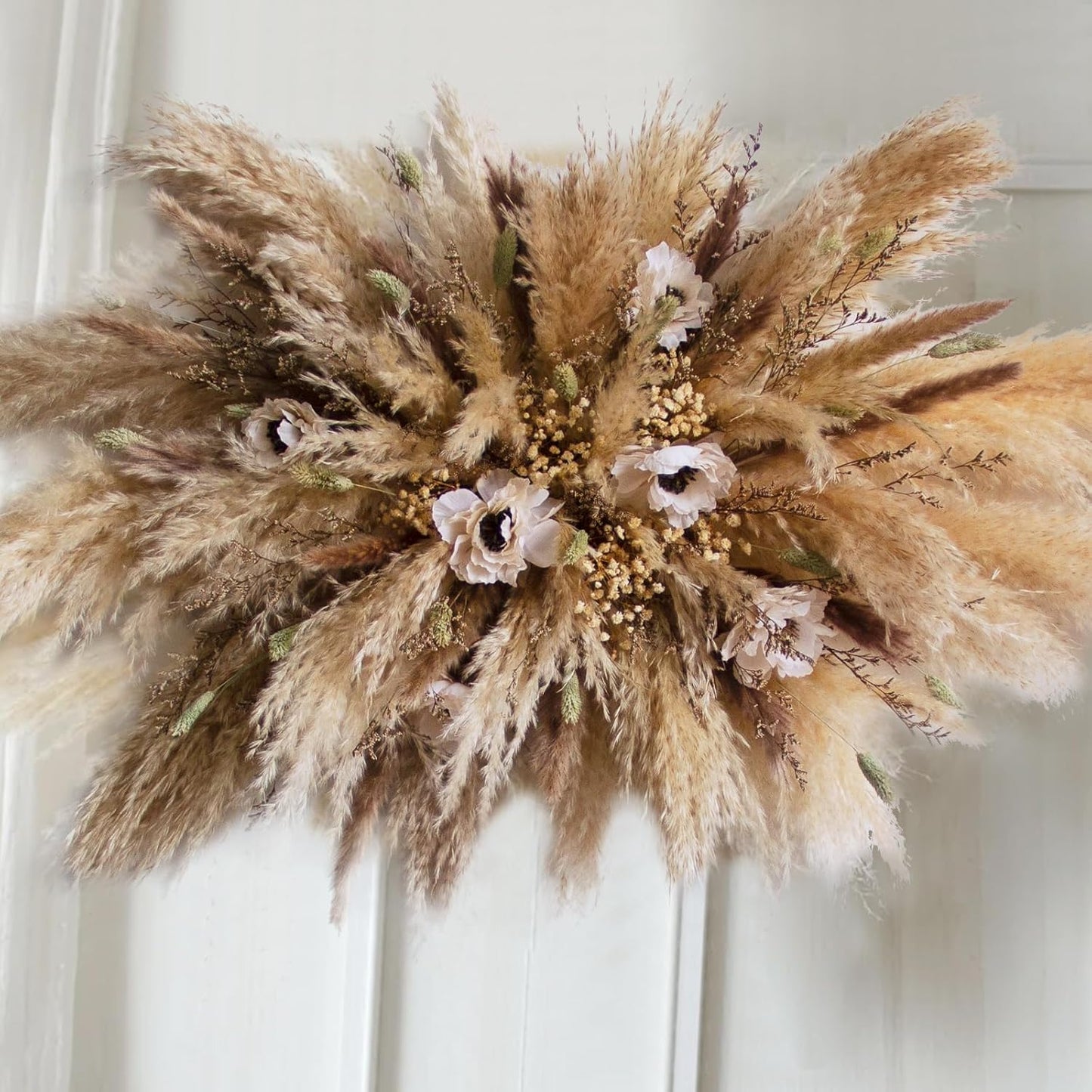 Natural Dried Flower Wall Hanging, Pampas Grass Decor,35-Inch Boho Pampas Grass, Pink Bunny Tails, Palm Leaves, Wedding Arch Decor