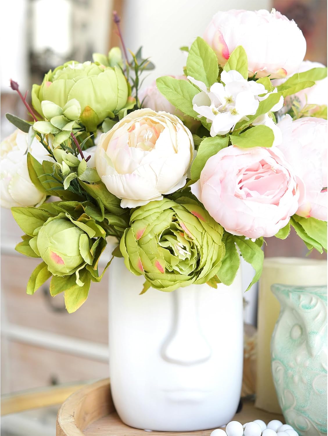 FiveSeasonStuff Mixed Cream Beige and Moss Green Vintage Artificial Silk Flower Peonies 2 Bouquets Floral