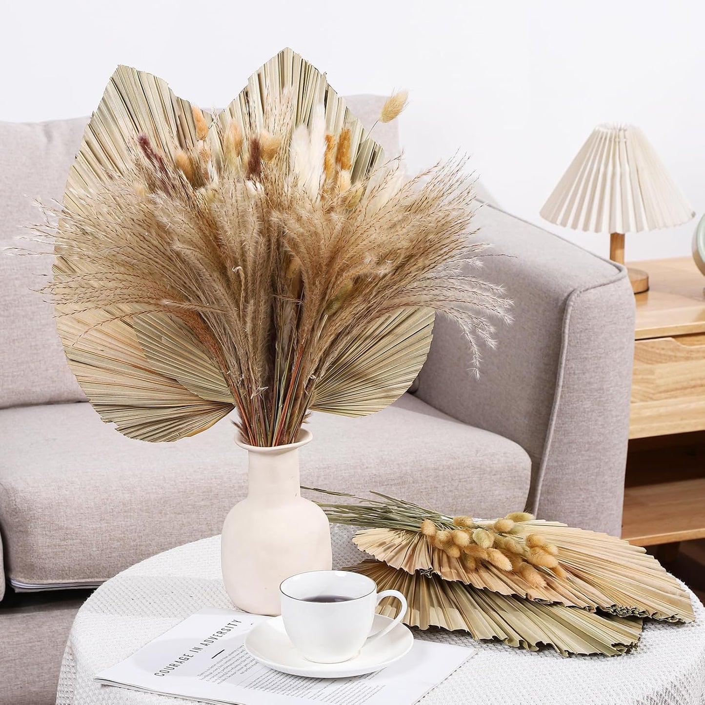 105 Pcs Boho Dried Pampas Grass Decor Bulk, Large Dried Palm Spears Bunny Tails Pampas Reed Grass Dried Palm Leaves Dried Flower Bouquet Boho Centerpieces for Wedding Home Tables Decor