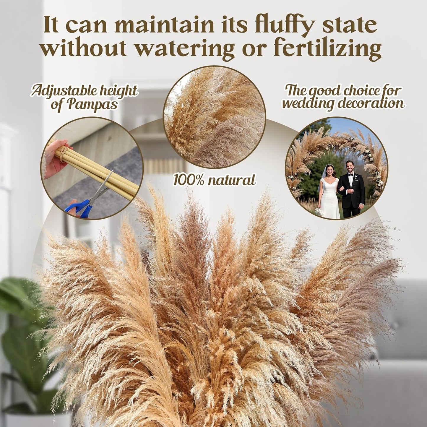 46inch 12pcs Dried Pampas Grass Decor Tall-Large Brown Pompas Grass Floral-Natural Tall Fluffy Pampas Grass Flower for Floor Vase,Wedding,Party,Living Room Floor,Boho Home Decor