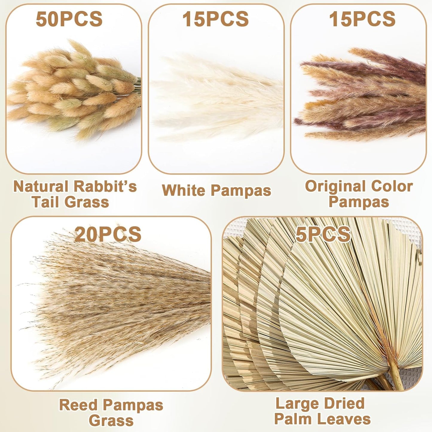 105 Pcs Boho Dried Pampas Grass Decor Bulk, Large Dried Palm Spears Bunny Tails Pampas Reed Grass Dried Palm Leaves Dried Flower Bouquet Boho Centerpieces for Wedding Home Tables Decor