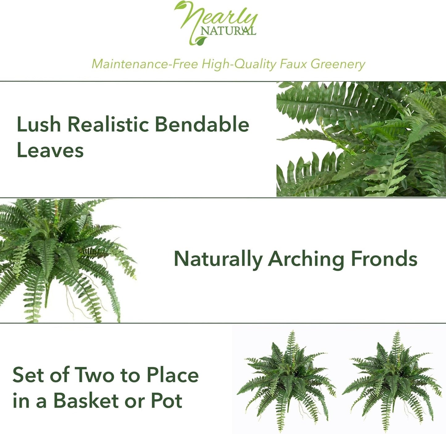 Nearly Natural 40IN Artificial Boston Fern Large Hanging Plant, Set of 2 Artificial Ferns that Look Real for Home Décor