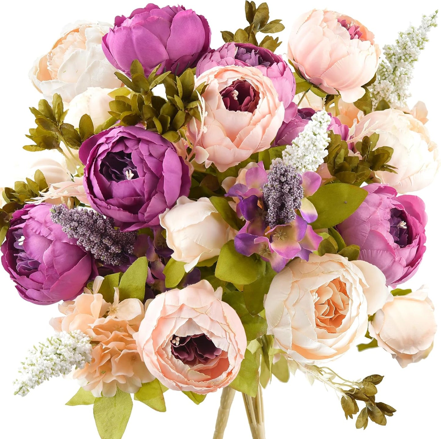 FiveSeasonStuff Mixed Cream Beige and Moss Green Vintage Artificial Silk Flower Peonies 2 Bouquets Floral