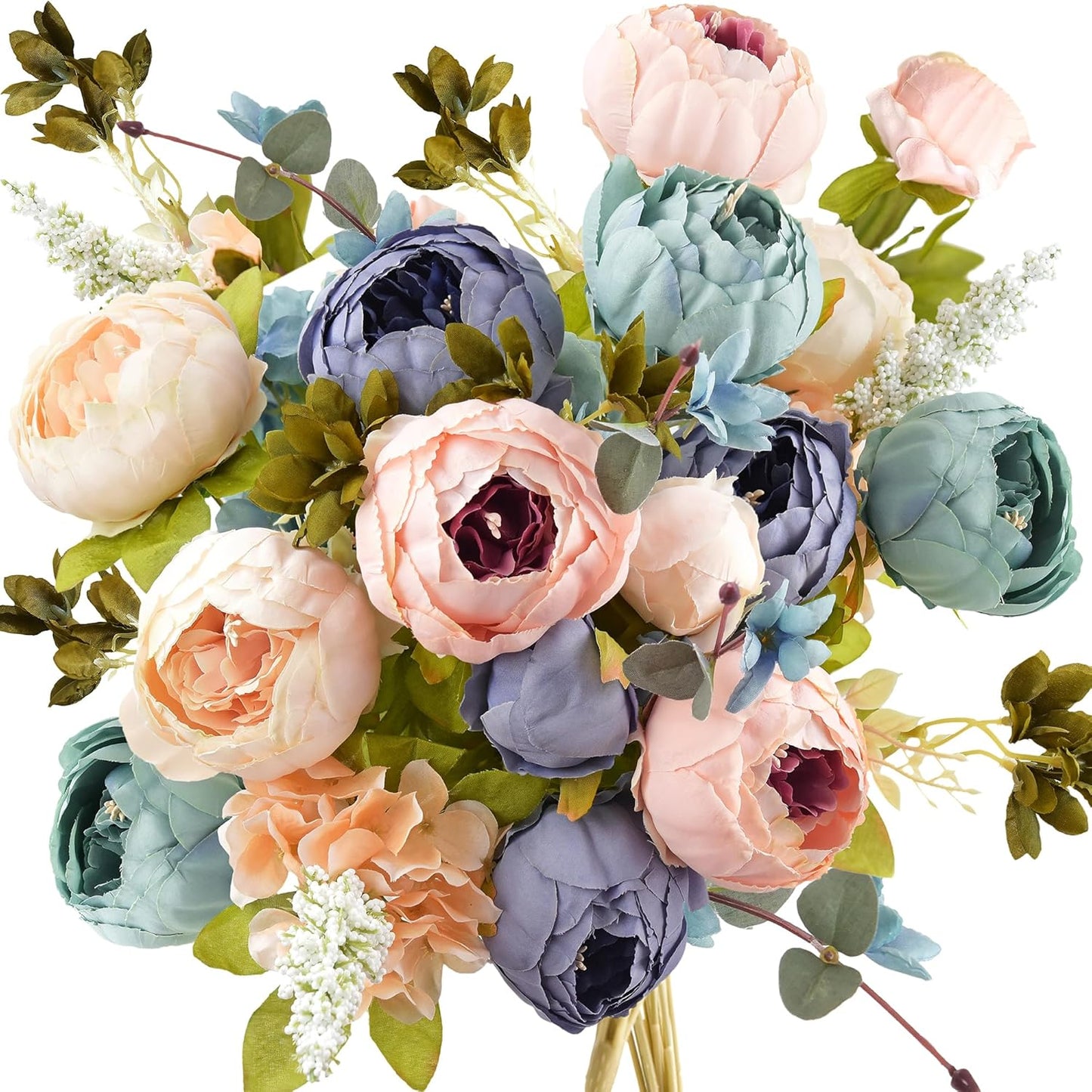 FiveSeasonStuff Mixed Cream Beige and Moss Green Vintage Artificial Silk Flower Peonies 2 Bouquets Floral