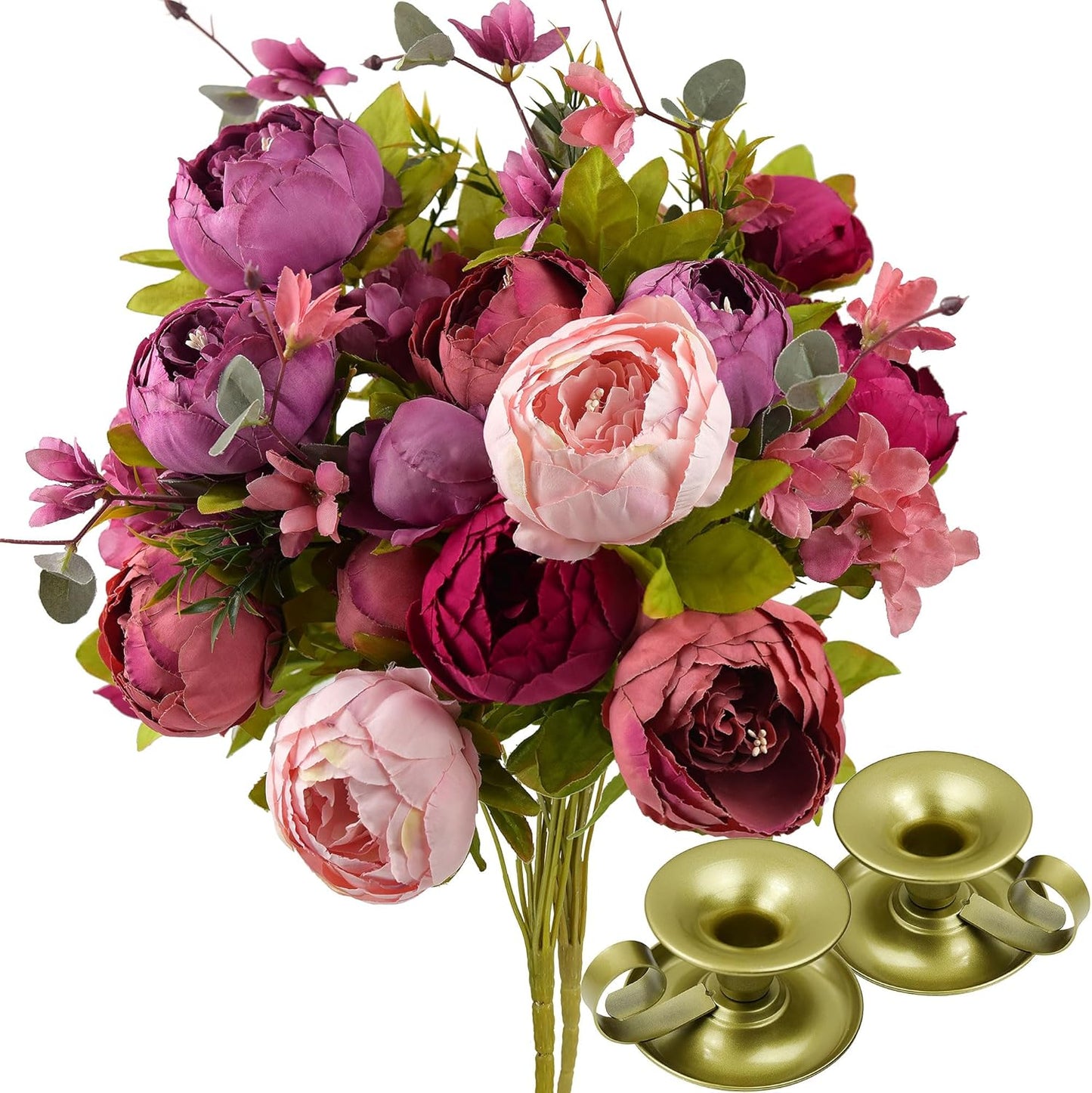 FiveSeasonStuff Mixed Cream Beige and Moss Green Vintage Artificial Silk Flower Peonies 2 Bouquets Floral
