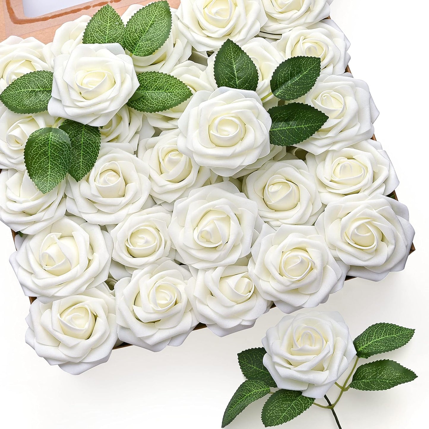 Mocoosy 50Pcs Rose Artificial Flowers, Cream White Fake Roses for Decorations, Real Touch Beige Foam Rose Bulk with Stems DIY Wedding Bouquets Floral Arrangements Bridal Shower Party Home Table Decor