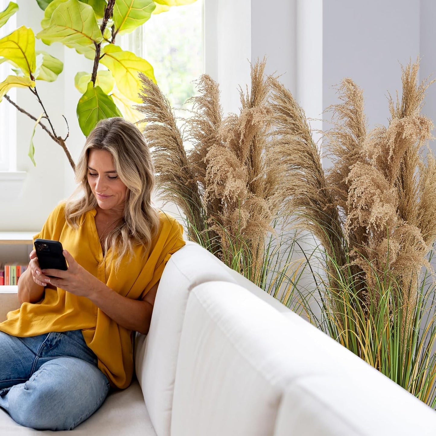 KOL Artificial Pampas Grass, 4ft Reed Plant, Indoor Outdoor Fake Onion Grass, 47.2’’ Home Office Wedding Garden Decor, Lifelike Plants Flowers in Pot Faux Dried Plant Greenery, Housewarming Gift