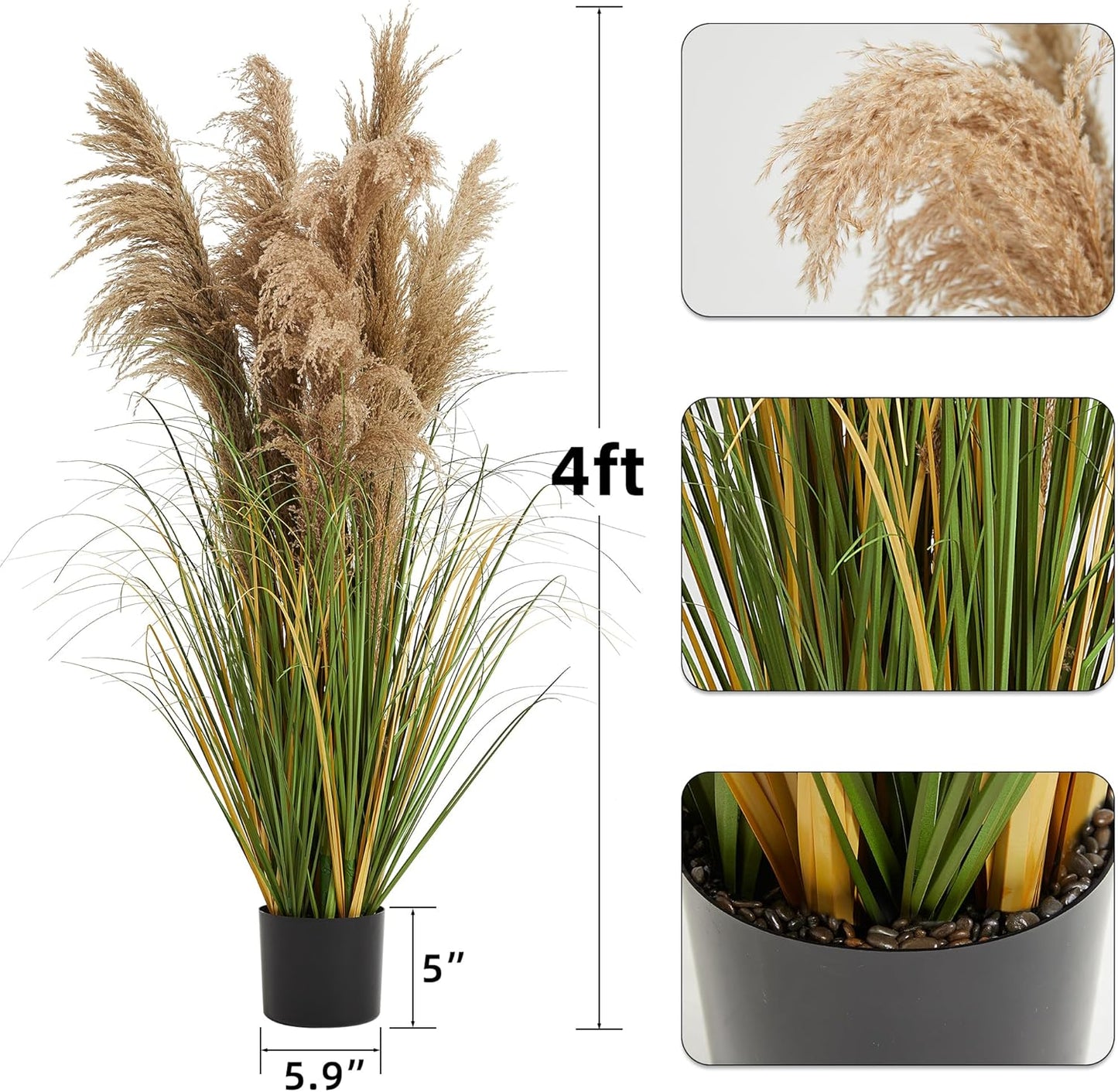 KOL Artificial Pampas Grass, 4ft Reed Plant, Indoor Outdoor Fake Onion Grass, 47.2’’ Home Office Wedding Garden Decor, Lifelike Plants Flowers in Pot Faux Dried Plant Greenery, Housewarming Gift