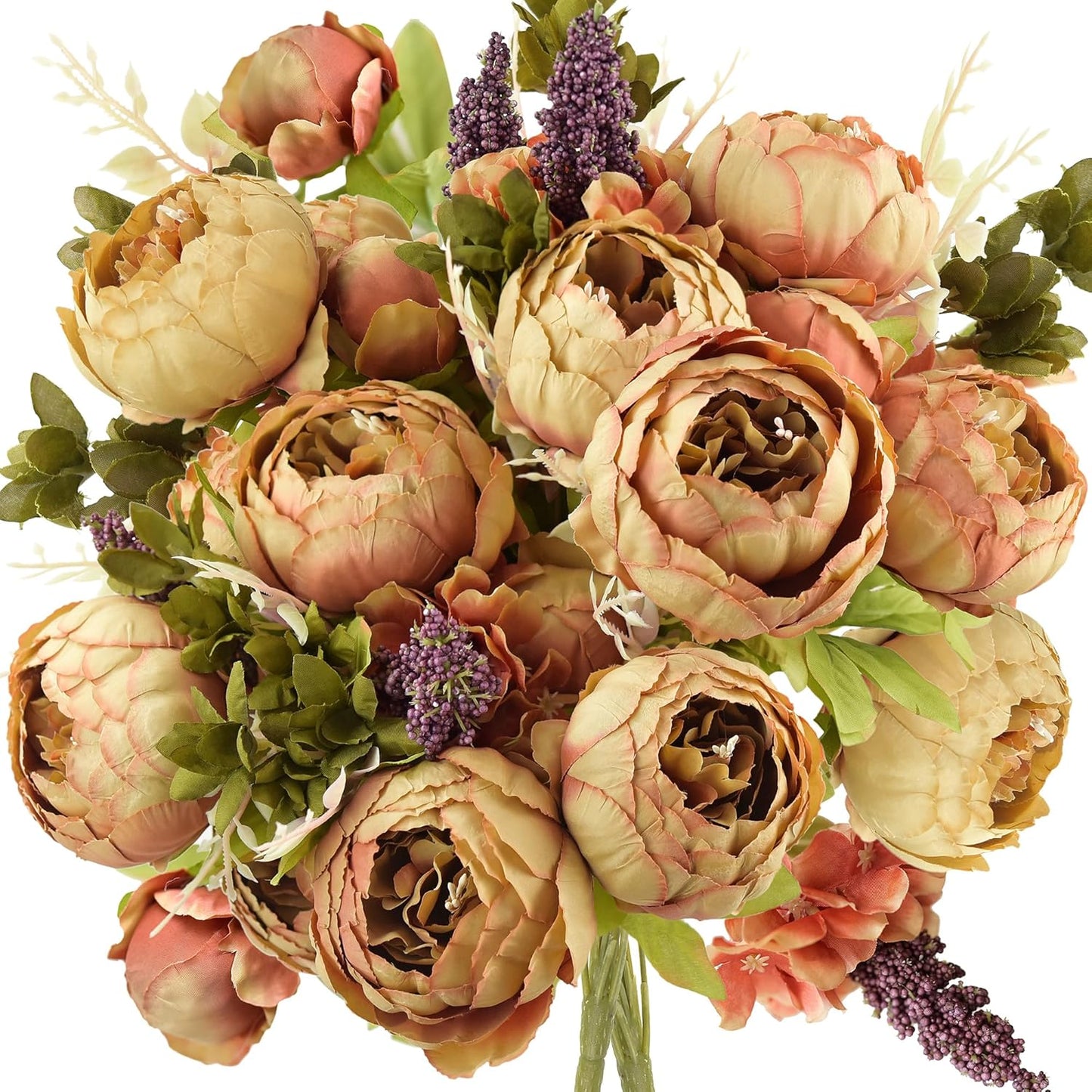 FiveSeasonStuff Mixed Cream Beige and Moss Green Vintage Artificial Silk Flower Peonies 2 Bouquets Floral
