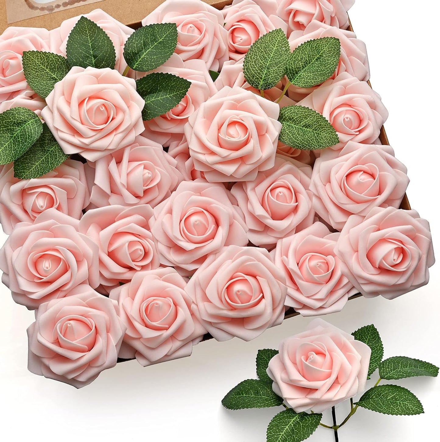 Mocoosy 50Pcs Rose Artificial Flowers, Cream White Fake Roses for Decorations, Real Touch Beige Foam Rose Bulk with Stems DIY Wedding Bouquets Floral Arrangements Bridal Shower Party Home Table Decor