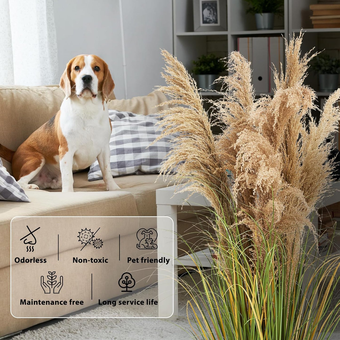 KOL Artificial Pampas Grass, 4ft Reed Plant, Indoor Outdoor Fake Onion Grass, 47.2’’ Home Office Wedding Garden Decor, Lifelike Plants Flowers in Pot Faux Dried Plant Greenery, Housewarming Gift
